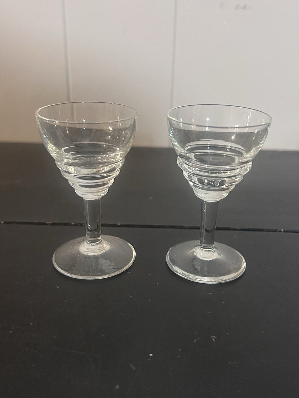 Vintage Cordial Liqueur Glasses Set of 2 Clear Stacked Ring Stem Unmarked 3.5”